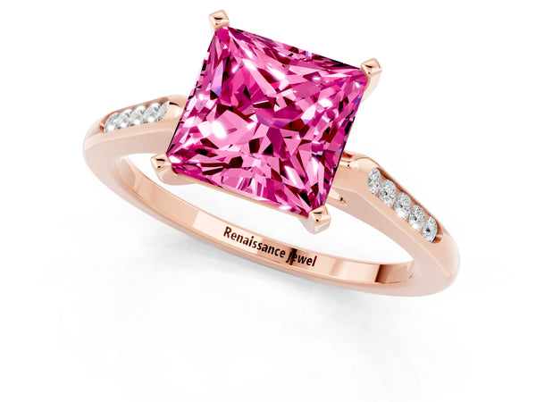 Rose gold Princess Cut Pink Sapphire Solitaire Ring with Channel Set Round Band and Prong Setting