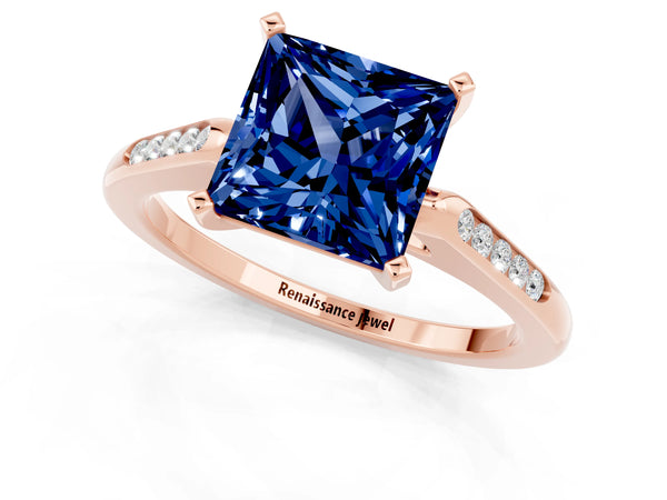 Rose gold Princess Cut Blue Sapphire Solitaire Ring with Channel Set Round Band and Prong Setting