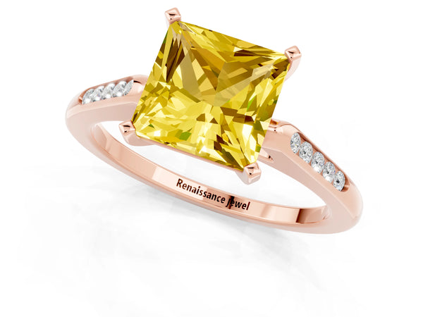 Rose gold Princess Cut Yellow Sapphire Solitaire Ring with Channel Set Round Band and Prong Setting