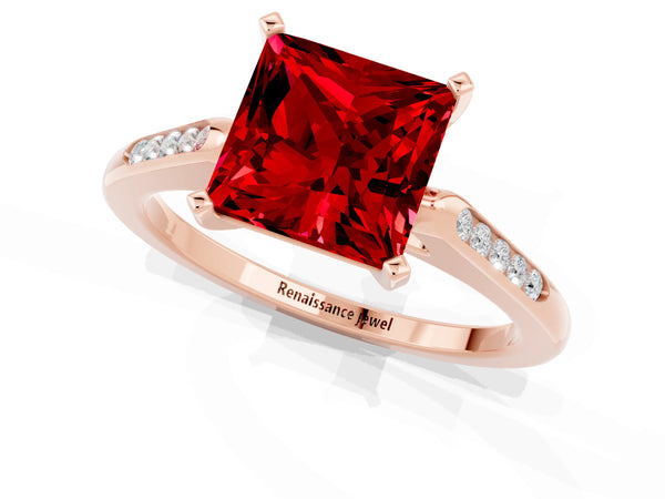 Rose gold Princess Cut Ruby Solitaire Ring with Channel Set Round Band and Prong Setting