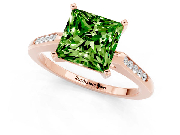 Rose gold Princess Cut Peridot Solitaire Ring with Channel Set Round Band and Prong Setting