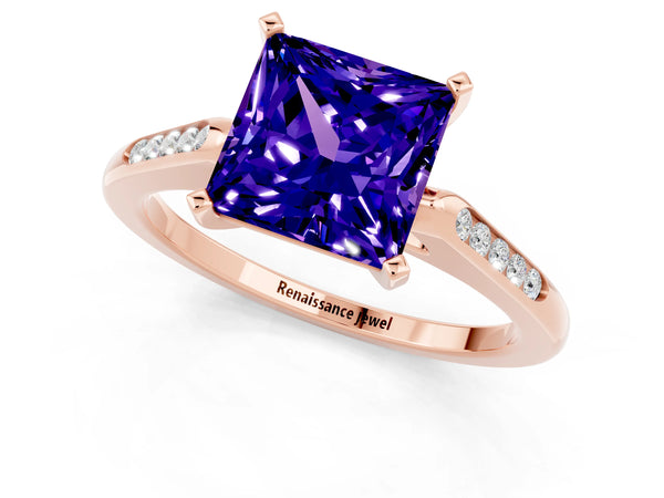 Rose gold Princess Cut Tanzanite Solitaire Ring with Channel Set Round Band and Prong Setting