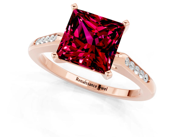 Rose gold Princess Cut Garnet Solitaire Ring with Channel Set Round Band and Prong Setting