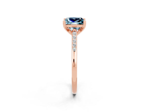 Rose gold Princess Cut Aquamarine Solitaire Ring with Channel Set Round Band and Prong Setting
