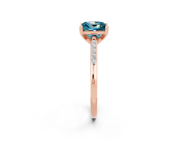 Rose gold Princess Cut Blue Topaz Solitaire Ring with Channel Set Round Band and Prong Setting