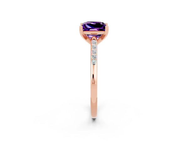 Rose gold Princess Cut Amethyst Solitaire Ring with Channel Set Round Band and Prong Setting