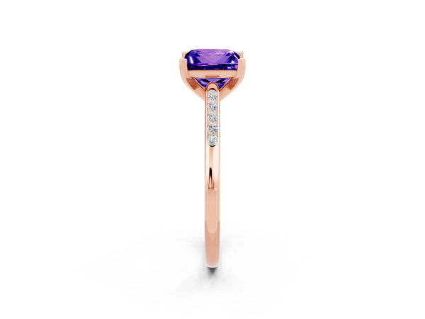 Rose gold Princess Cut Tanzanite Solitaire Ring with Channel Set Round Band and Prong Setting