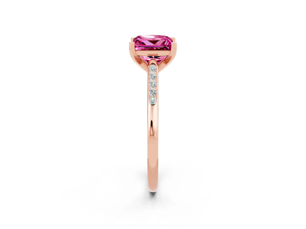 Rose gold Princess Cut Pink Sapphire Solitaire Ring with Channel Set Round Band and Prong Setting