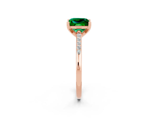 Rose gold Princess Cut Emerald Solitaire Ring with Channel Set Round Band and Prong Setting