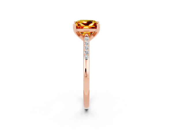 Rose gold Princess Cut Citrine Solitaire Ring with Channel Set Round Band and Prong Setting