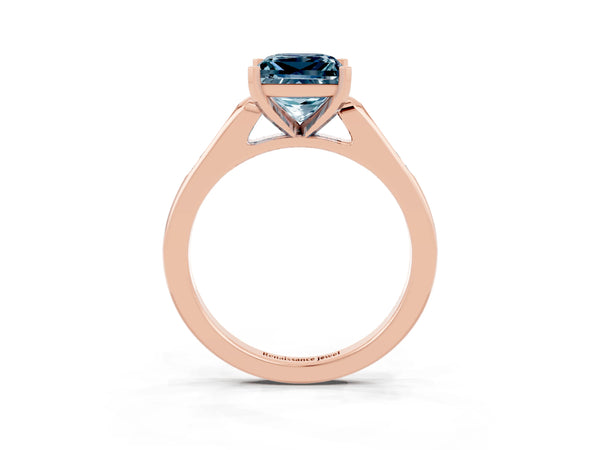 Rose gold Princess Cut Aquamarine Solitaire Ring with Channel Set Round Band and Prong Setting