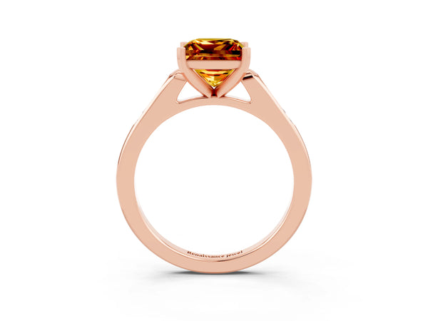 Rose gold Princess Cut Citrine Solitaire Ring with Channel Set Round Band and Prong Setting