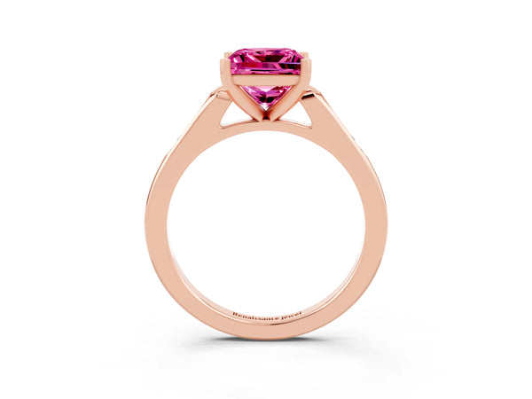 Rose gold Princess Cut Pink Sapphire Solitaire Ring with Channel Set Round Band and Prong Setting