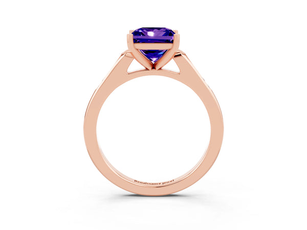 Rose gold Princess Cut Tanzanite Solitaire Ring with Channel Set Round Band and Prong Setting