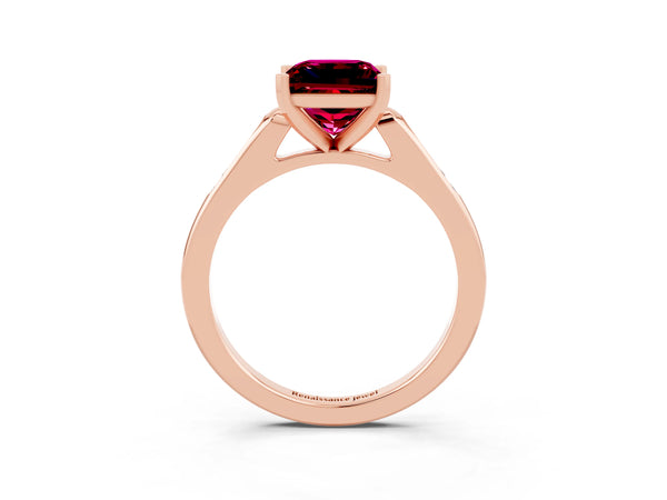 Rose gold Princess Cut Garnet Solitaire Ring with Channel Set Round Band and Prong Setting