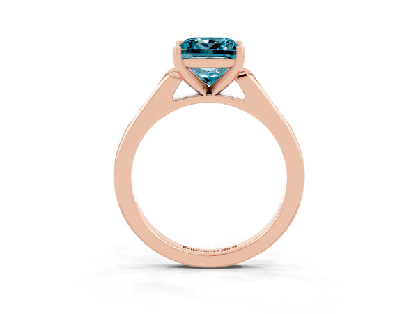 Rose gold Princess Cut Blue Topaz Solitaire Ring with Channel Set Round Band and Prong Setting