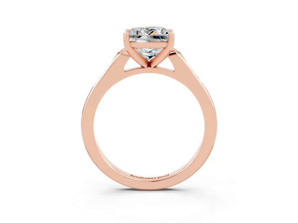 Rose gold Princess Cut Moissanite Solitaire Ring with Channel Set Round Band and Prong Setting