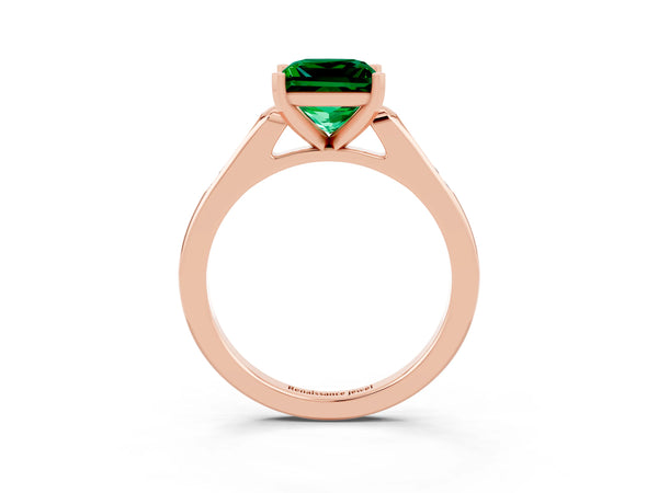 Rose gold Princess Cut Emerald Solitaire Ring with Channel Set Round Band and Prong Setting