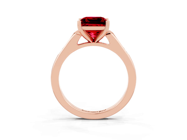 Rose gold Princess Cut Ruby Solitaire Ring with Channel Set Round Band and Prong Setting