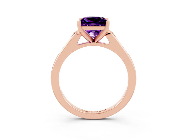Rose gold Princess Cut Amethyst Solitaire Ring with Channel Set Round Band and Prong Setting