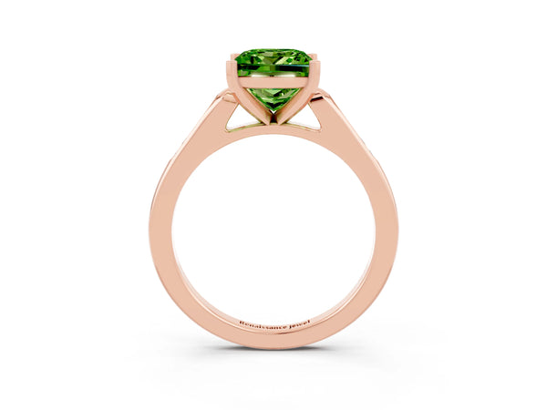 Rose gold Princess Cut Peridot Solitaire Ring with Channel Set Round Band and Prong Setting