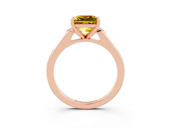 Rose gold Princess Cut Yellow Sapphire Solitaire Ring with Channel Set Round Band and Prong Setting