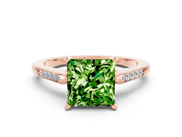 Rose gold Princess Cut Peridot Solitaire Ring with Channel Set Round Band and Prong Setting