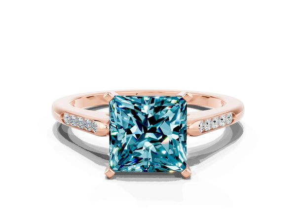 Rose gold Princess Cut Blue Topaz Solitaire Ring with Channel Set Round Band and Prong Setting