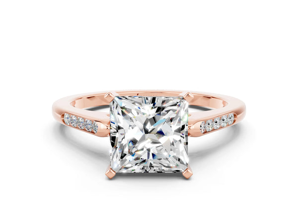 Rose gold Princess Cut Moissanite Solitaire Ring with Channel Set Round Band and Prong Setting