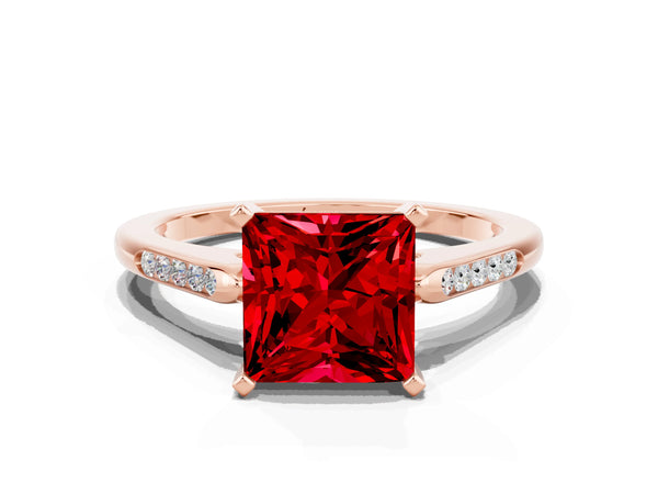 Rose gold Princess Cut Ruby Solitaire Ring with Channel Set Round Band and Prong Setting