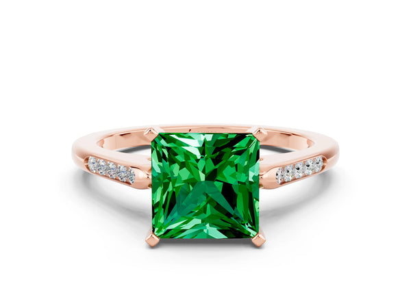 Rose gold Princess Cut Emerald Solitaire Ring with Channel Set Round Band and Prong Setting