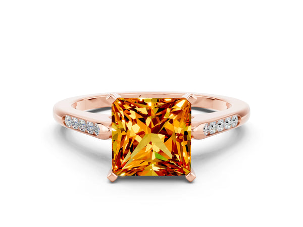 Rose gold Princess Cut Citrine Solitaire Ring with Channel Set Round Band and Prong Setting