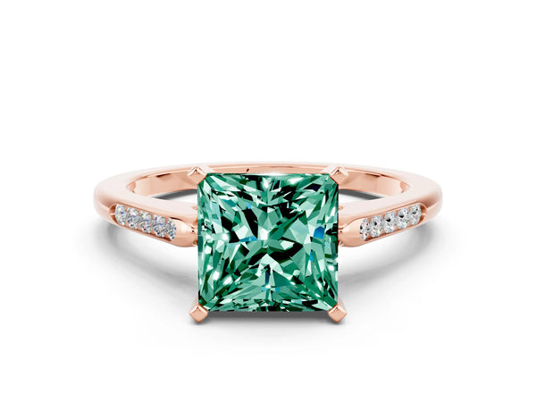 Rose gold Princess Cut Green Sapphire Solitaire Ring with Channel Set Round Band and Prong Setting
