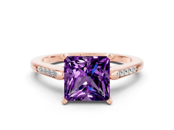 Rose gold Princess Cut Amethyst Solitaire Ring with Channel Set Round Band and Prong Setting