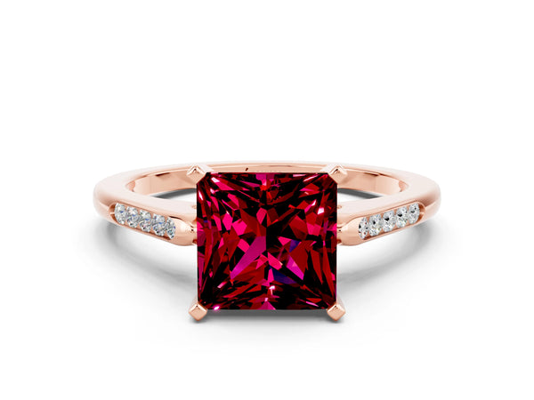 Rose gold Princess Cut Garnet Solitaire Ring with Channel Set Round Band and Prong Setting