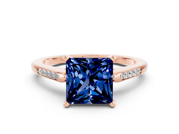 Rose gold Princess Cut Blue Sapphire Solitaire Ring with Channel Set Round Band and Prong Setting