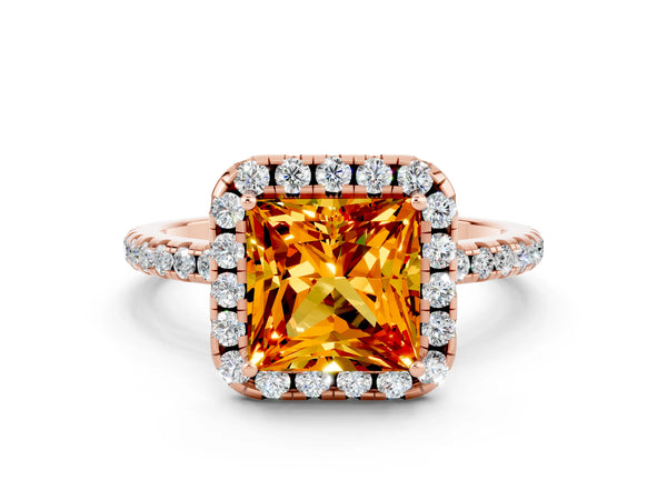 Rose gold Princess Cut Citrine Halo Engagement Ring with Round Pavé Band and Prong Setting