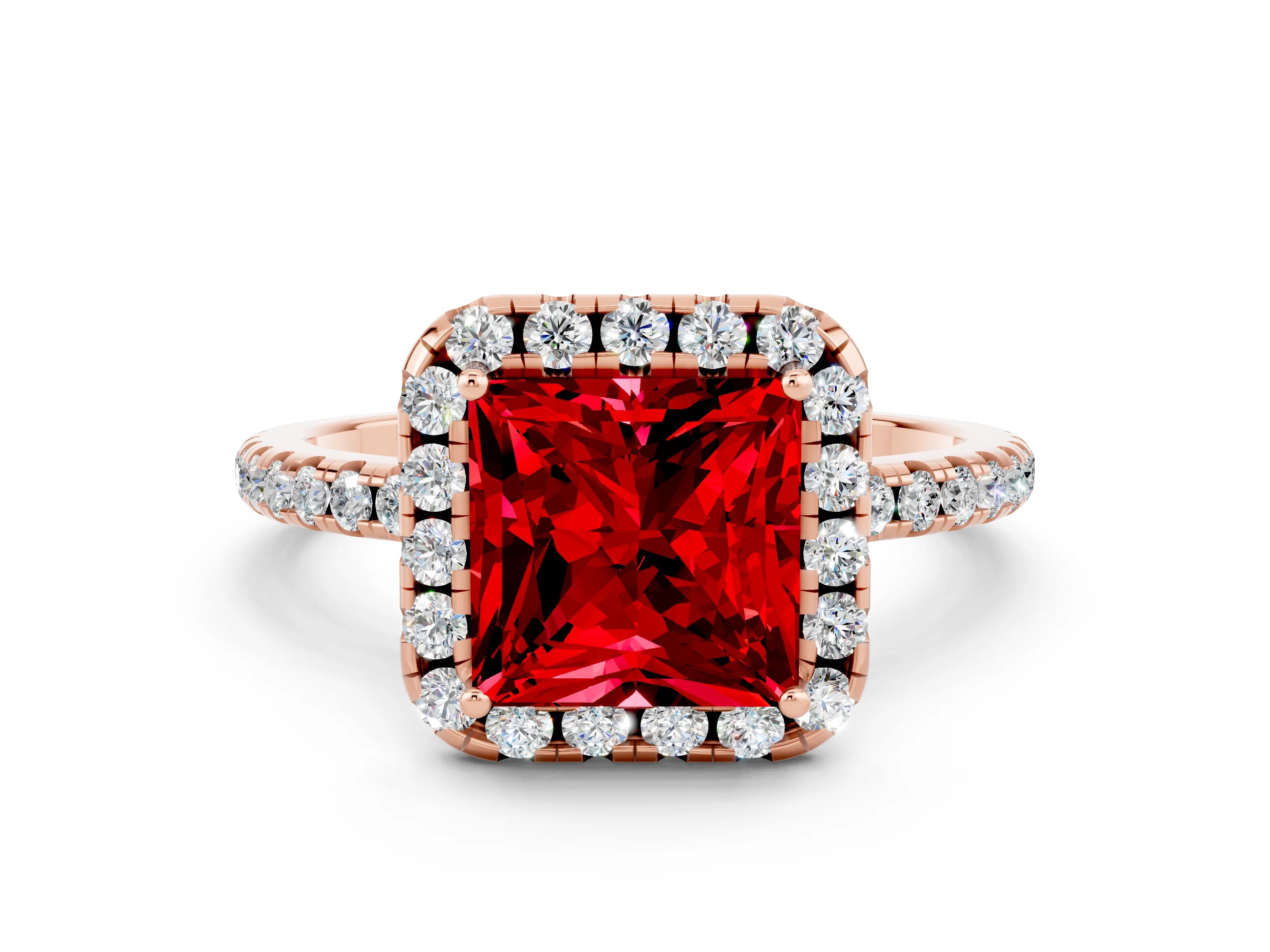 Rose gold Princess Cut Cut Diamond Floral Halo Engagement Ring with Pavé Band and Prong Setting