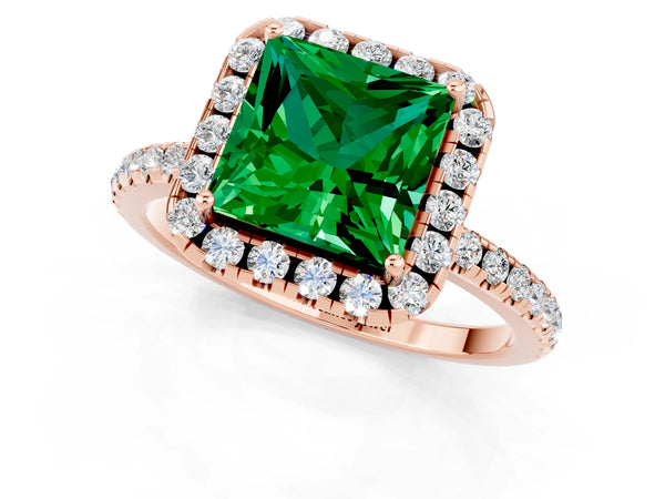Rose gold Princess Cut Emerald Halo Engagement Ring with Round Pavé Band and Prong Setting