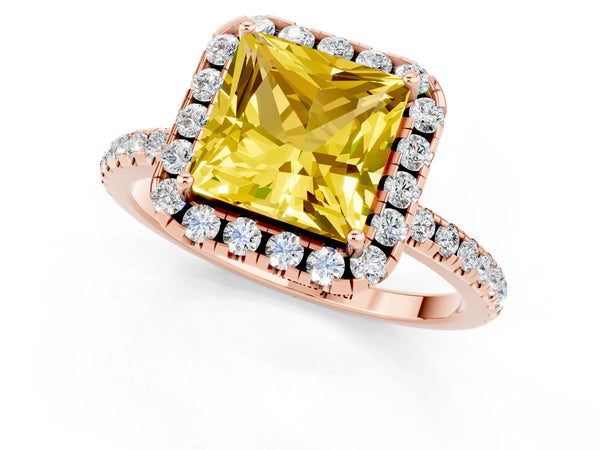 Rose gold Princess Cut Yellow Sapphire Halo Engagement Ring with Round Pavé Band and Prong Setting