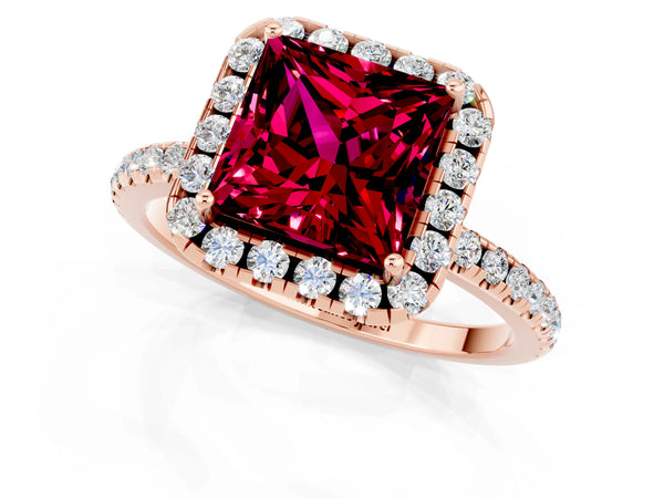 Rose gold Princess Cut Garnet Halo Engagement Ring with Round Pavé Band and Prong Setting