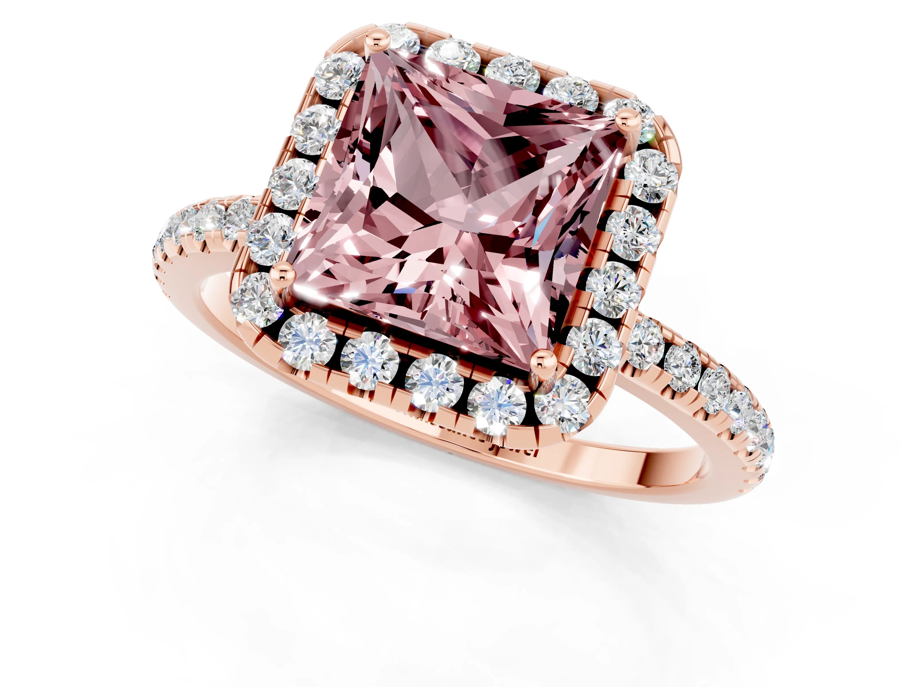 Rose gold Princess Cut Cut Diamond Floral Halo Engagement Ring with Pavé Band and Prong Setting_1
