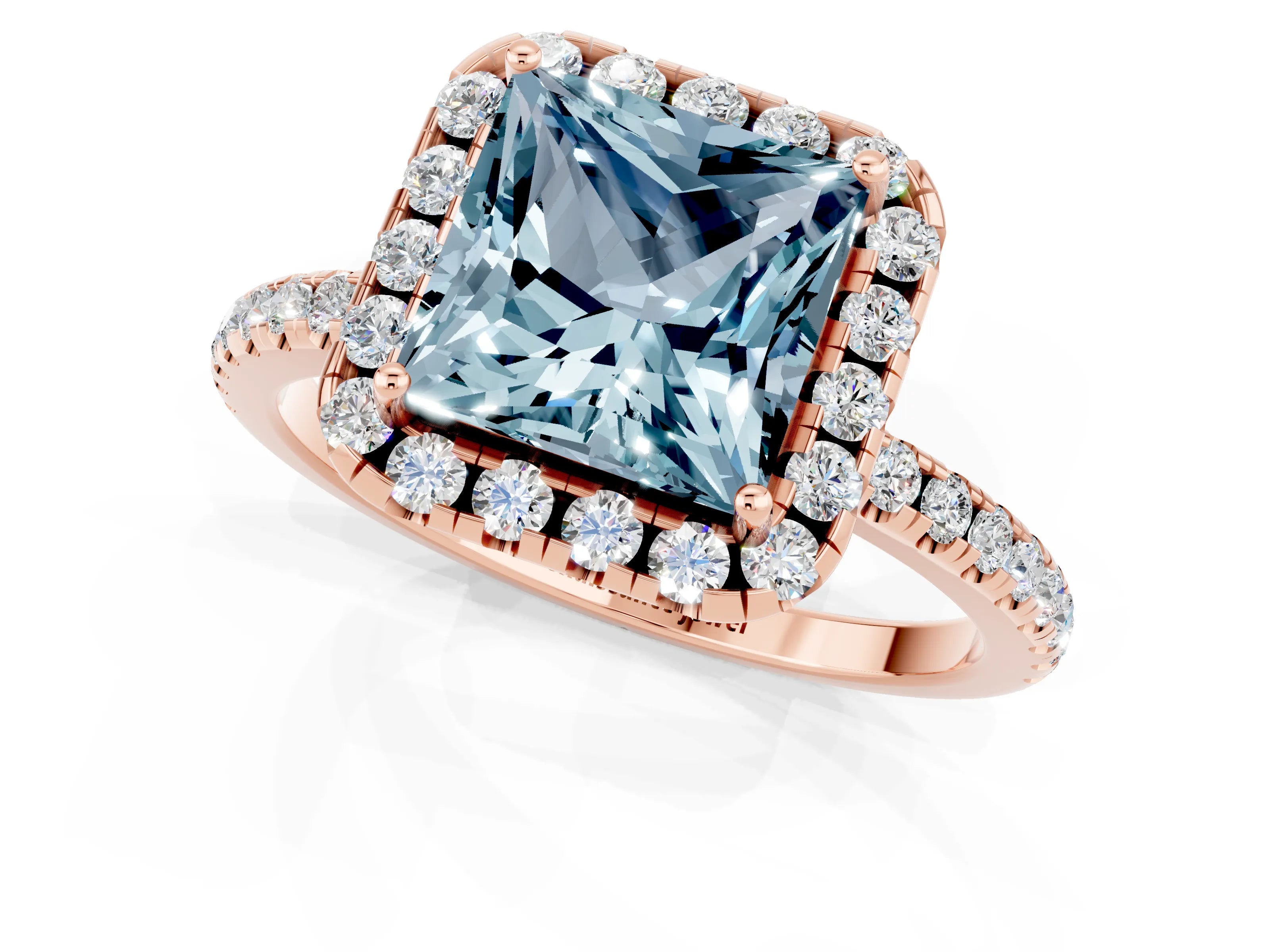 Rose gold Princess Cut Cut Diamond Floral Halo Engagement Ring with Pavé Band and Prong Setting_1