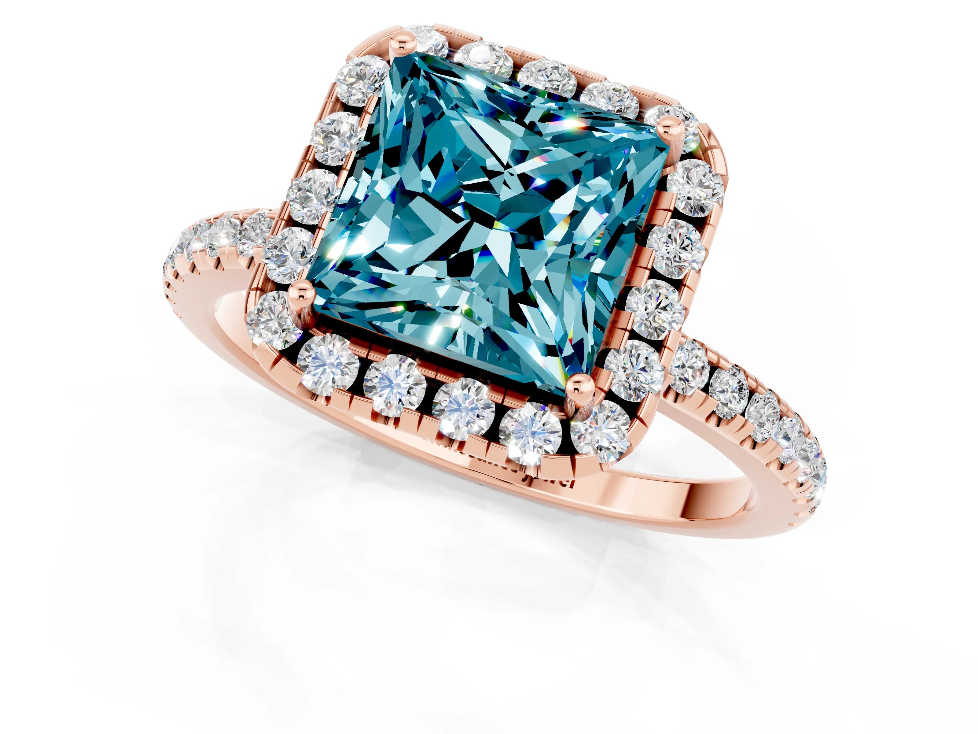 Rose gold Princess Cut Cut Diamond Floral Halo Engagement Ring with Pavé Band and Prong Setting_1
