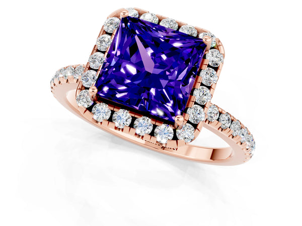 Rose gold Princess Cut Tanzanite Halo Engagement Ring with Round Pavé Band and Prong Setting