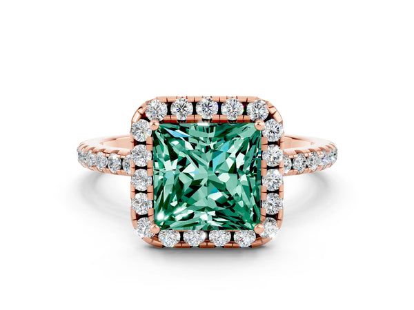 Rose gold Princess Cut Green Sapphire Halo Engagement Ring with Round Pavé Band and Prong Setting