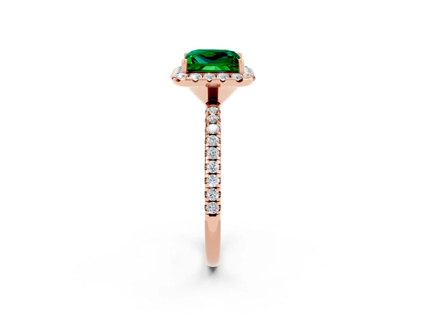 Rose gold Princess Cut Emerald Halo Engagement Ring with Round Pavé Band and Prong Setting