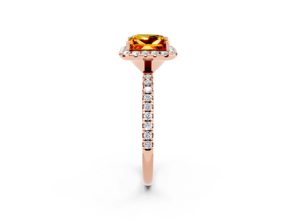 Rose gold Princess Cut Citrine Halo Engagement Ring with Round Pavé Band and Prong Setting