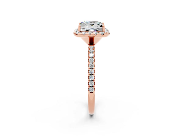 Rose gold Princess Cut Moissanite Halo Engagement Ring with Round Pavé Band and Prong Setting