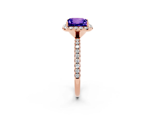 Rose gold Princess Cut Tanzanite Halo Engagement Ring with Round Pavé Band and Prong Setting